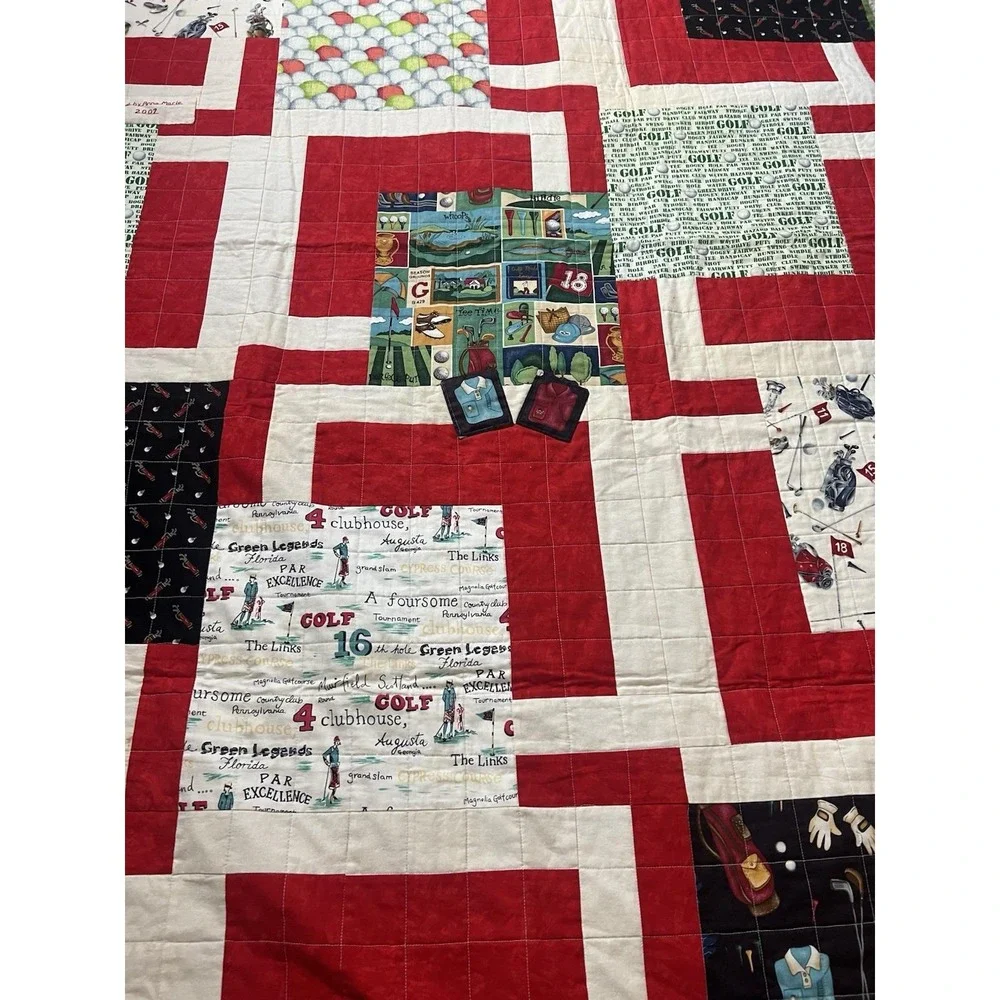 VINTAGE Patchwork Quilt Golf Themed On Both Sides 1950's